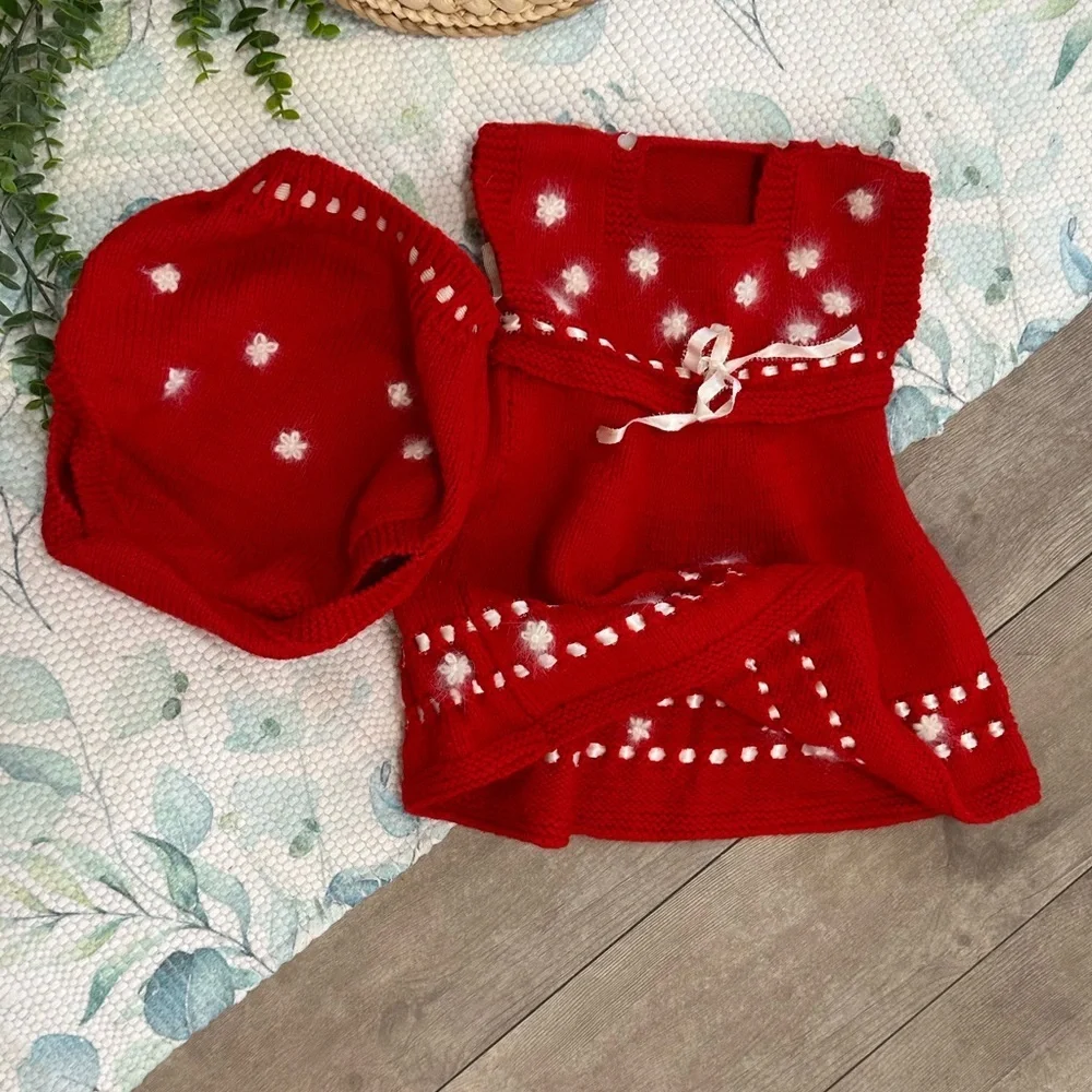 Red Knitted Baby Dress with White Accents
